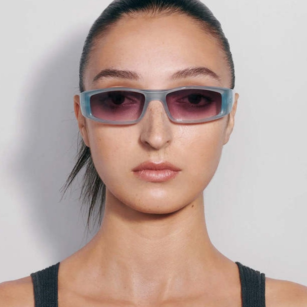 Chimi Jet Sunglasses in Soft Blue Rectangular Shape with purple / pink lens